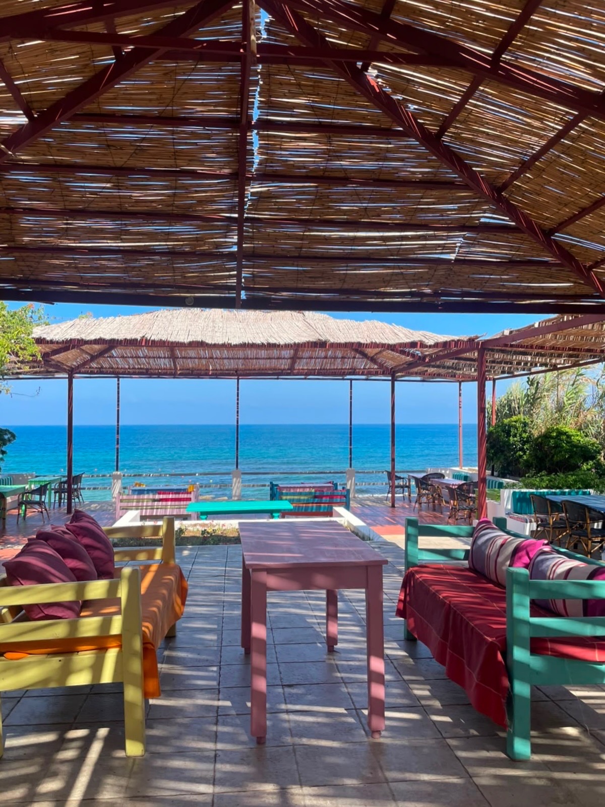 Side B restaurant lounge area under thatched roof with sea view